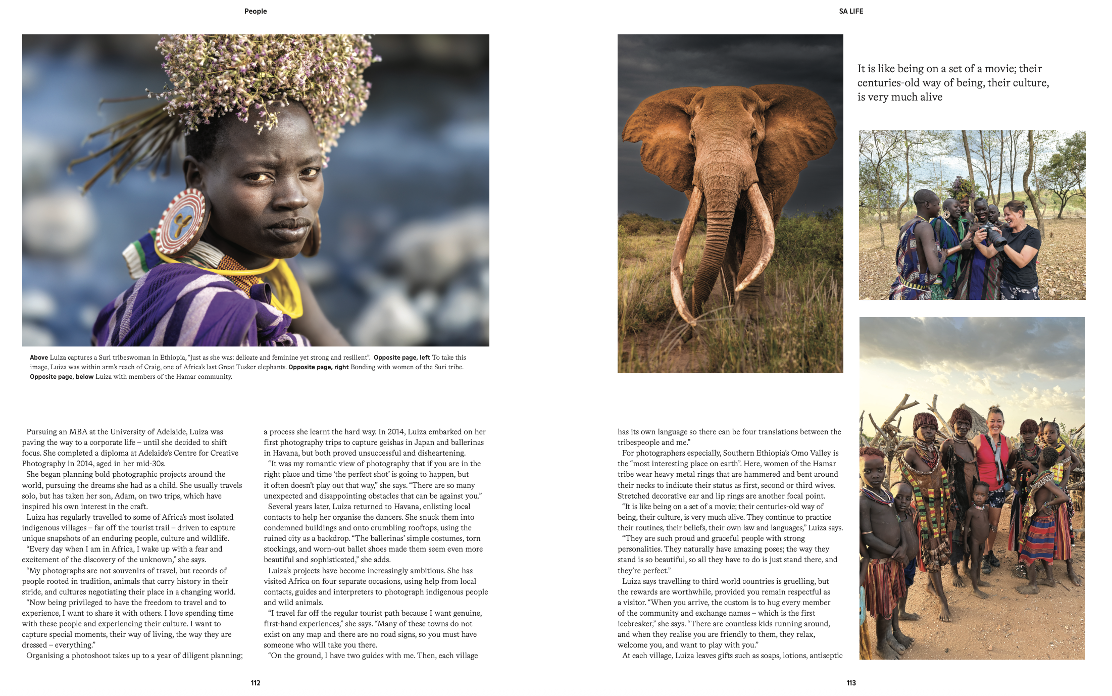 SA Life feature spread showing Luiza’s portraits, wildlife photography, and behind-the-scenes travel moments