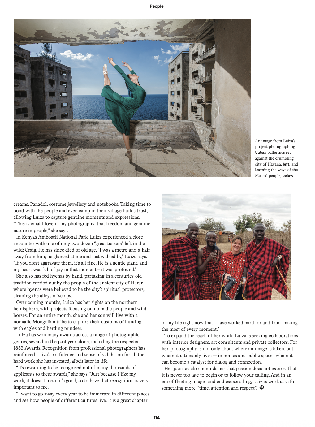 SA Life feature page with Luiza’s Cuban ballerina image and Maasai community portrait
