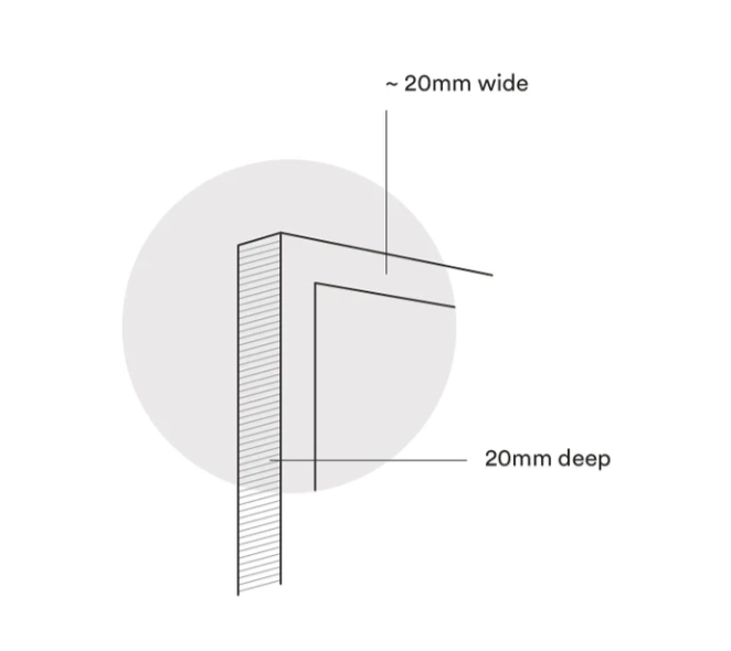 Frame profile diagram showing approximately 20mm wide and 20mm deep